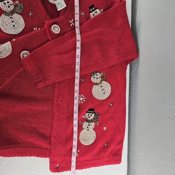 Victoria‎ Jones VTG Christmas Red Cardigan Medium Elegant Beaded Pearls Snowman - Picture 4 of 10